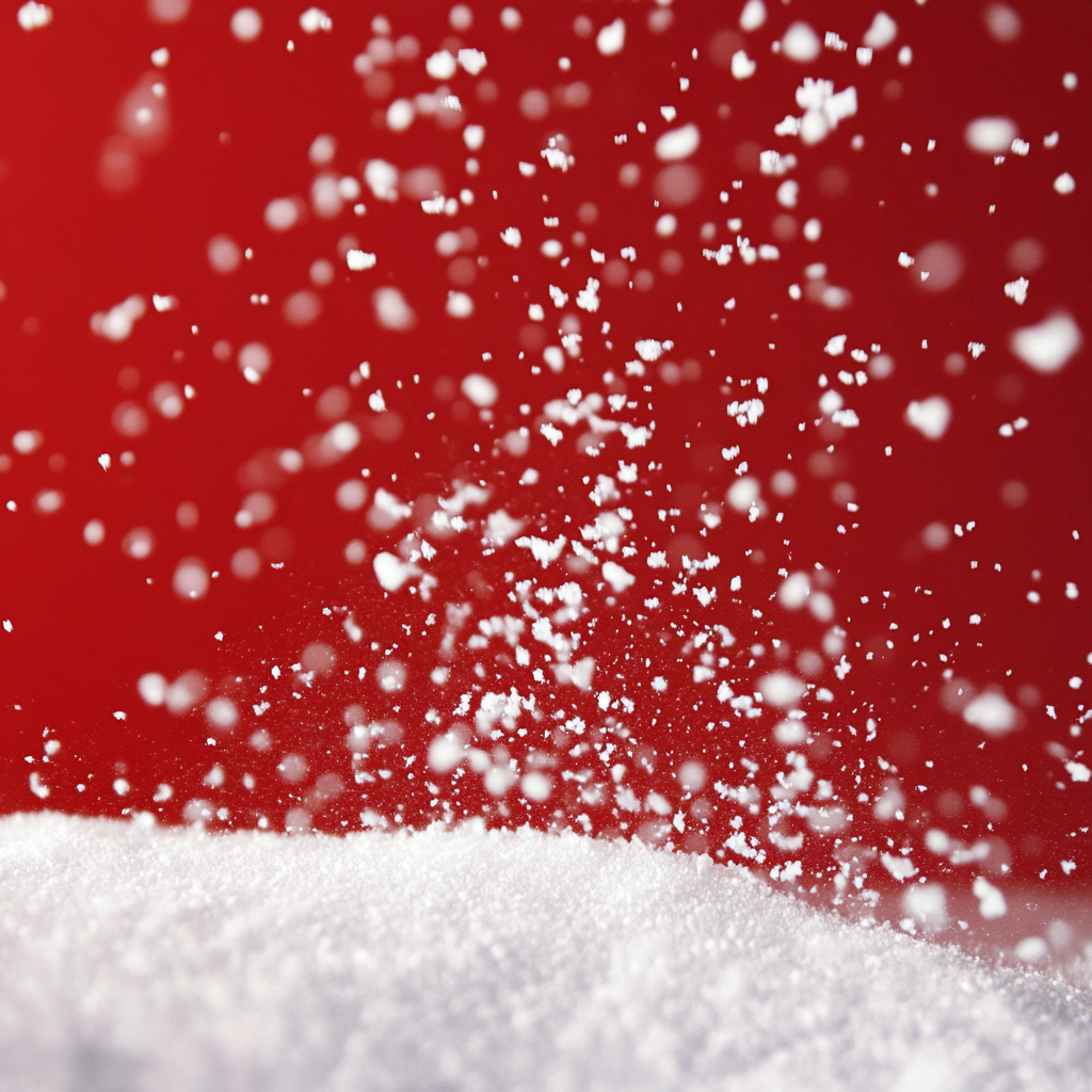 Ambrofix Powder by Givaudan amber woody aroma chemical for perfumery, represented by fine white powder particles on a red background.