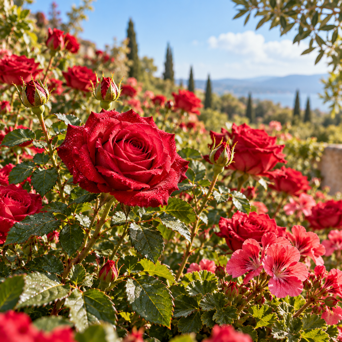 Citronellol Coeur by IFF represented by fresh red roses and geranium flowers in a sunlit garden, reflecting its fresh, sweet, rosy, floral and slightly citrusy character for fine perfumery compositions.