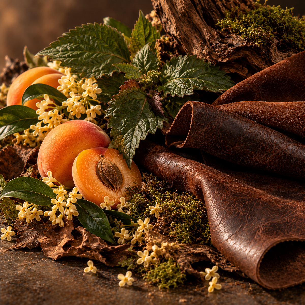 Hyper-realistic luxury still life featuring rich dark brown leather and soft suede folds, fresh earthy patchouli leaves, delicate golden osmanthus blossoms, ripe apricots and natural green moss against rustic wood, highlighting the fruity, floral, earthy, woody and sophisticated leather nuances of Cuir de Sumatra, a specialty chypre leather perfumery ingredient.