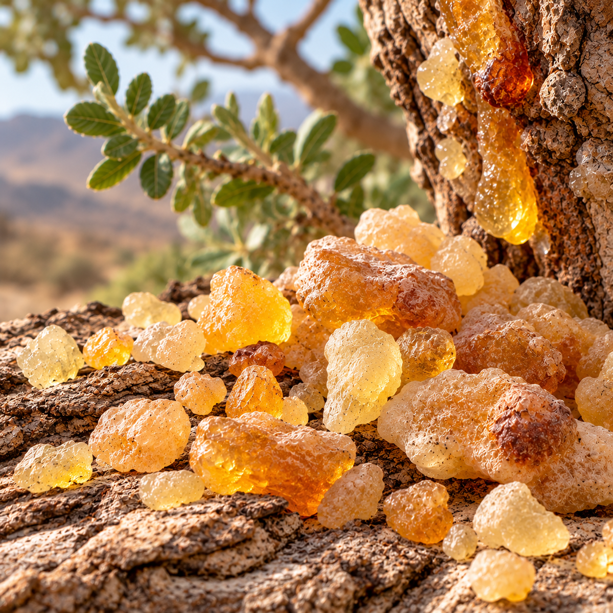 Hyper-realistic close-up of natural Frankincense Serrata (Boswellia serrata) resin, featuring golden-amber resin tears scattered across textured tree bark with soft green foliage and warm natural daylight.