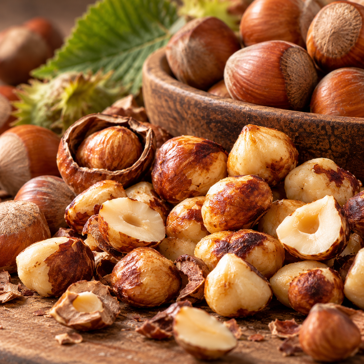 Hyper-realistic close-up of freshly roasted hazelnuts (Corylus avellana), featuring golden-brown kernels, cracked shells and natural hazelnut leaves, highlighting the rich, warm, toasted nutty aroma of Hazelnut CO₂ Extract by Aromology.