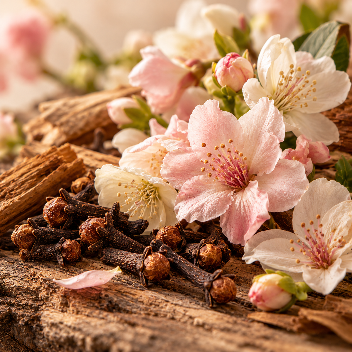 Hyper-realistic close-up of delicate pale pink and creamy-white blossoms surrounded by aromatic dried cloves and warm woody textures, illustrating the sweet, spicy-floral aroma of Methyl Isoeugenol by Aromology, with soft floral, clove-like and subtle woody nuances.