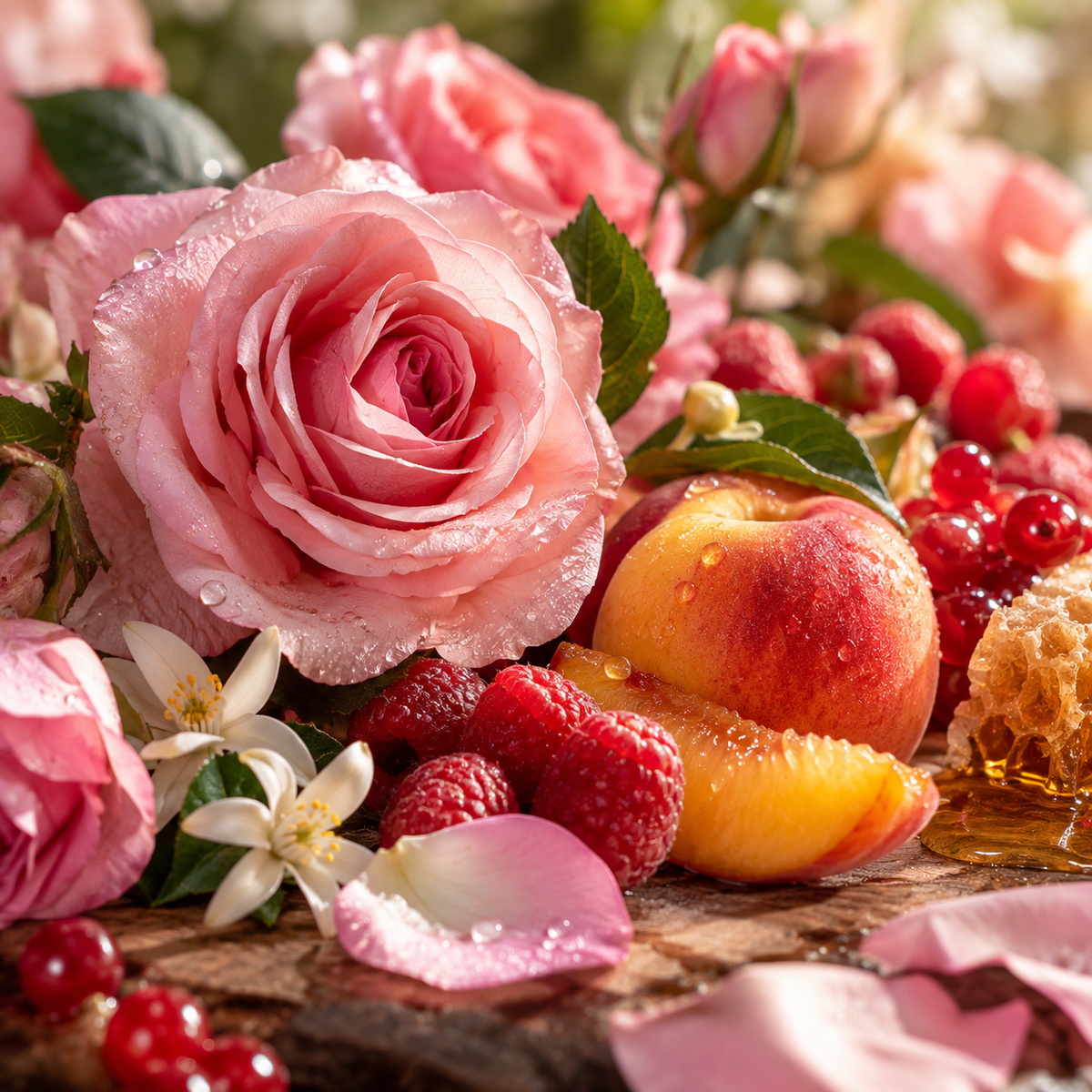 Phenyl Ethyl Acetate by Symrise represented by fresh pink roses and juicy fruits, reflecting its sweet, rosy, floral, honeyed and fruity character for fine fragrance and perfumery compositions.