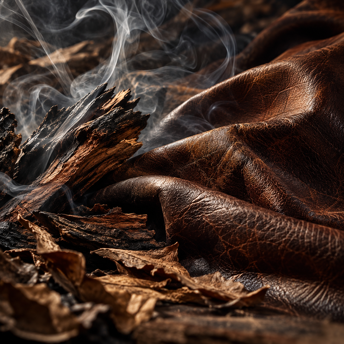 Dark aged leather with charred wood and delicate wisps of smoke, evoking the intense smoky, leathery, phenolic and slightly animalic character of 4-Ethyl Phenol.