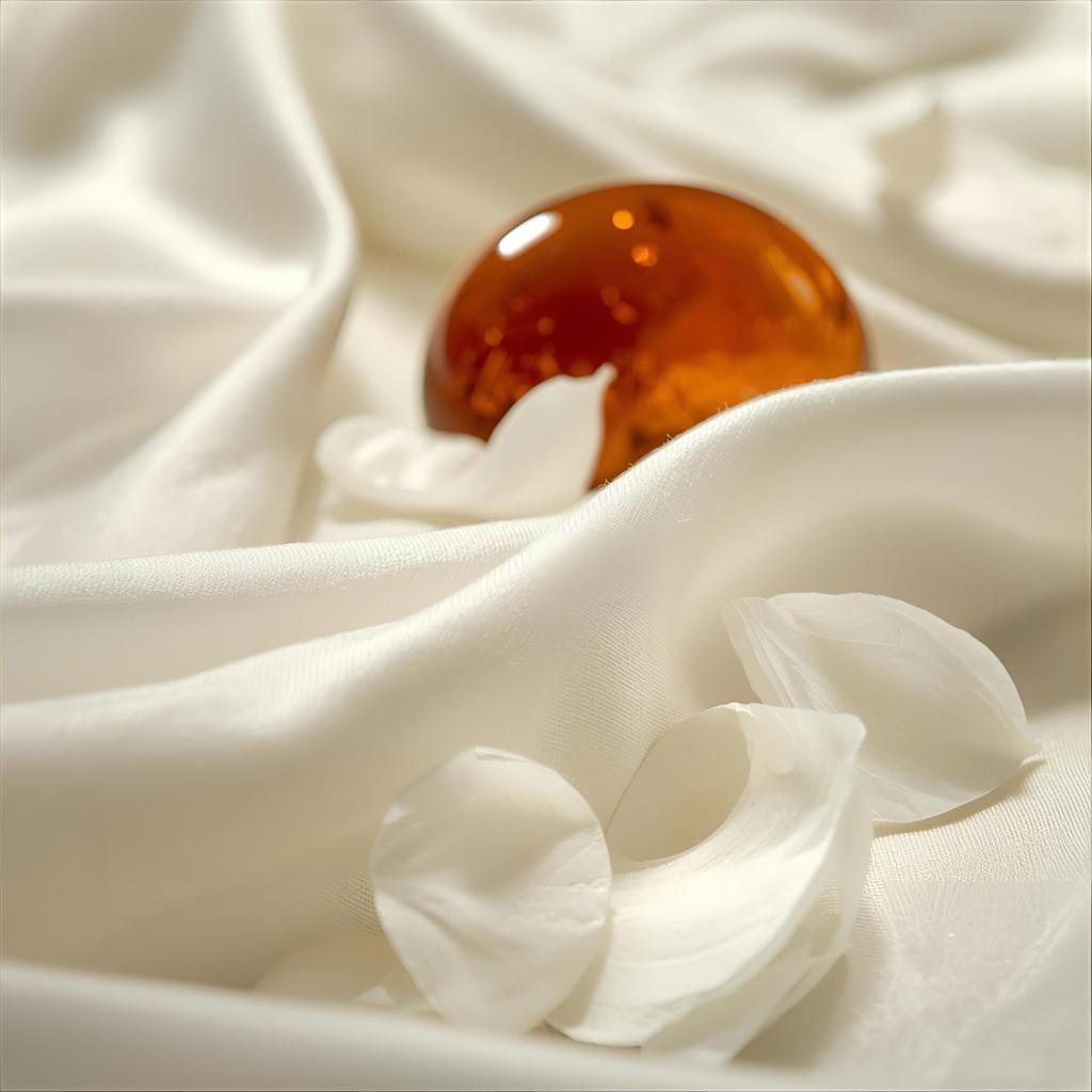 Golden amber resin surrounded by delicate white petals and soft ivory silk, representing Ambretone’s warm, elegant musky fragrance.