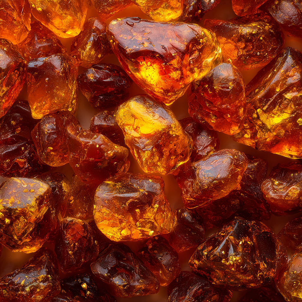 Glowing amber resin stones representing Ambrostar by Symrise, a powerful long-lasting amber and woody aroma chemical for perfumery.