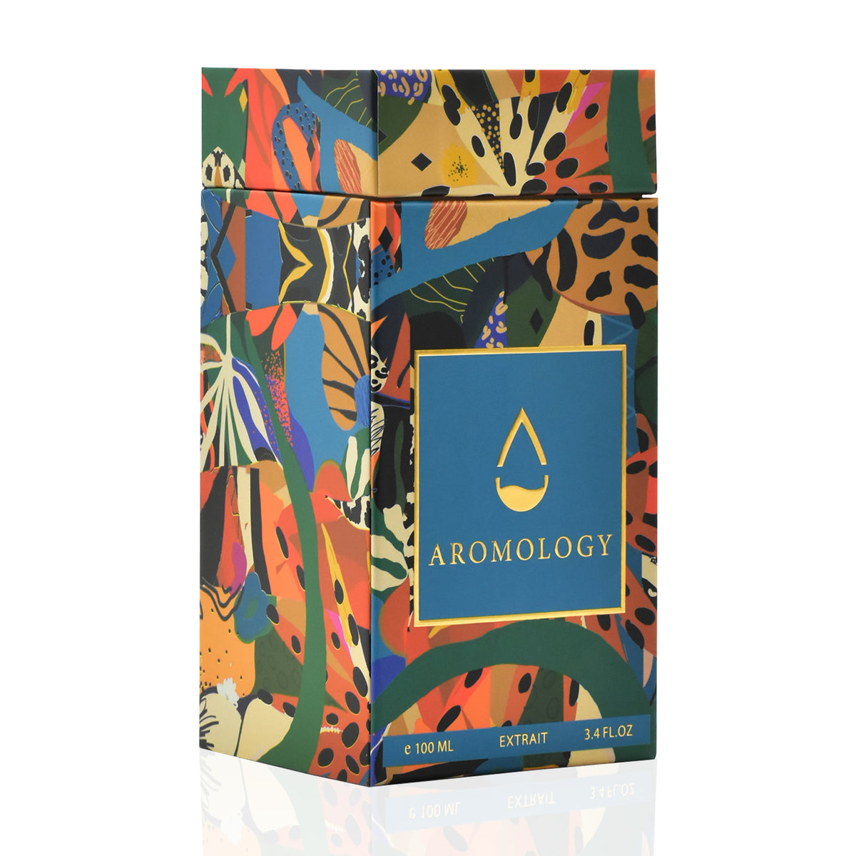Angled view of the Aromology Damascena Extrait 100 ml perfume box with a vibrant multi coloured botanical design.