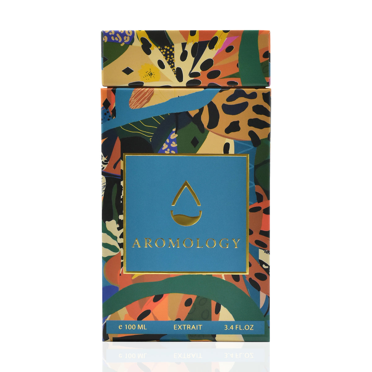 Front view of the Aromology Damascena Extrait 100 ml perfume presentation box with colourful artwork and gold branding.