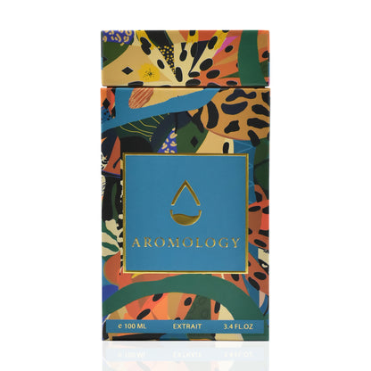 Front view of the Aromology Damascena Extrait 100 ml perfume presentation box with colourful artwork and gold branding.