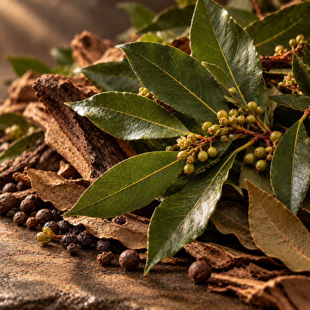Hyper-realistic close-up of fresh, glossy green bay leaves, delicate flower buds, dark aromatic berries and rustic dried bark, arranged in warm natural light. Capturing the rich, spicy, herbal, woody and slightly clove-like character of Bay Oil Rectified, a specialty perfumery ingredient available at Aromology.