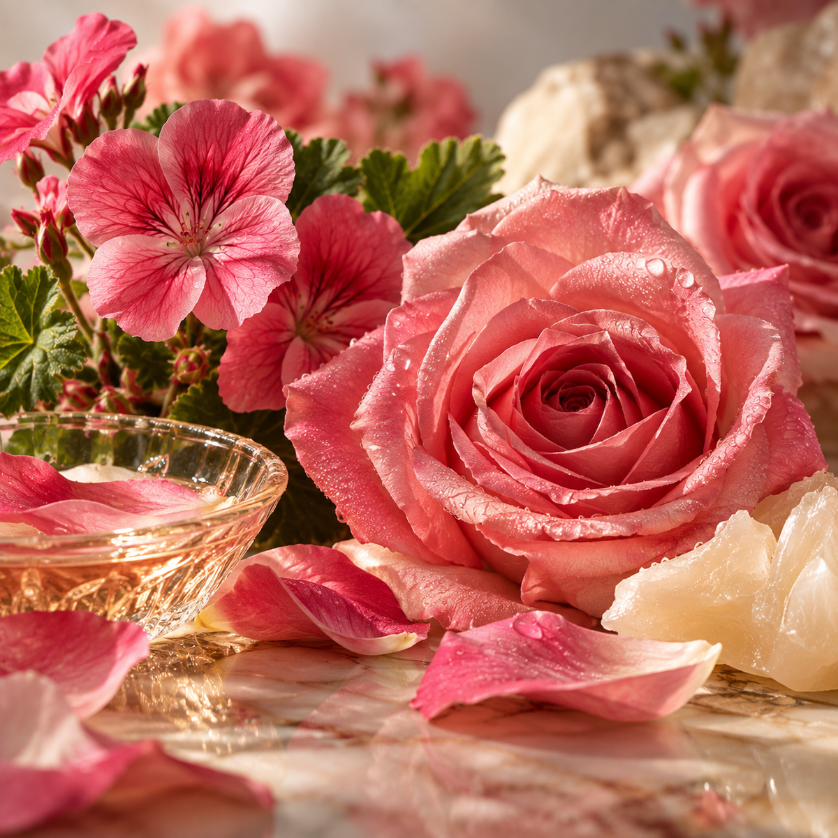 Pink rose and geranium flowers with fresh petals, green leaves and soft waxy accents, representing a fresh, sweet and radiant rose-floral aroma.