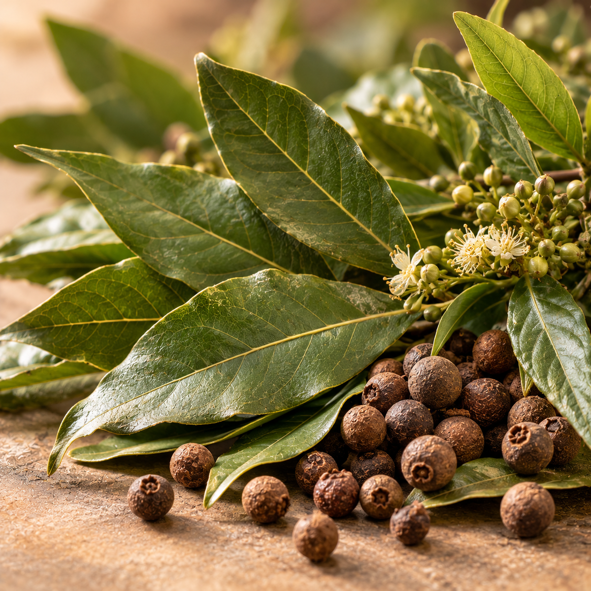 Hyper-realistic close-up of fresh aromatic bay leaves, vibrant green pimento foliage and clusters of dark pimento berries arranged naturally against a warm neutral background, highlighting the fresh, spicy, woody and subtly sweet clove-like aroma of Dihydroeugenol, a specialty perfumery ingredient.