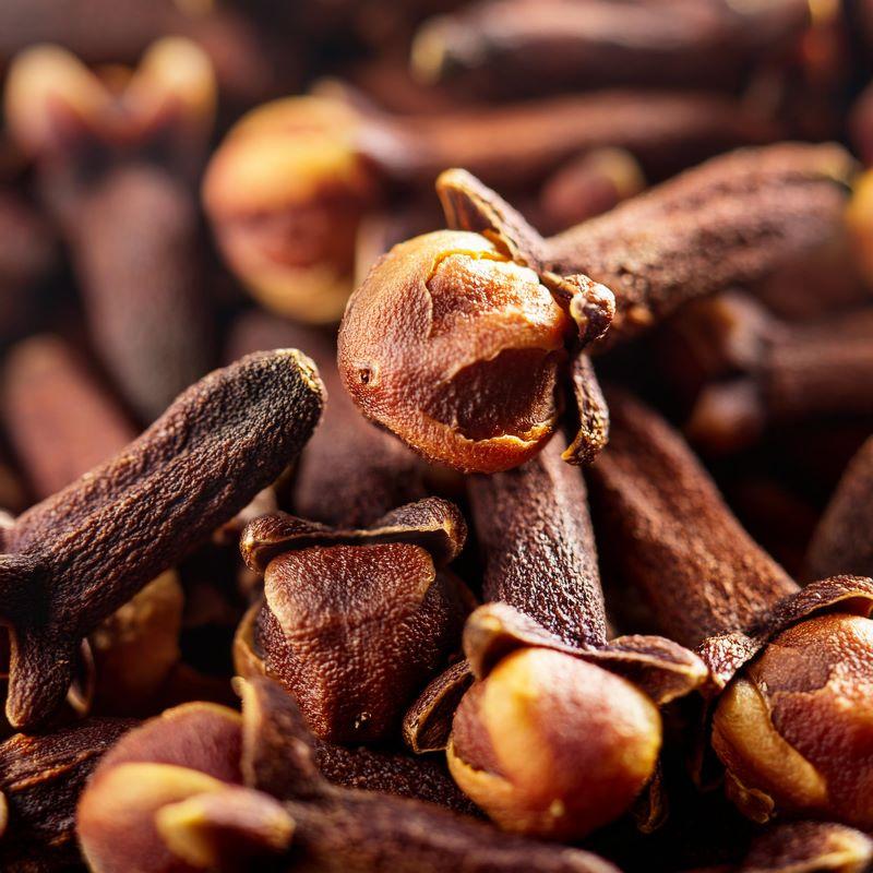 Macro close-up of dried clove buds with rich reddish-brown flower heads and dark woody stems, highlighting their natural textured surfaces and warm, spicy character, representing the intense clove-like, sweet, warm and aromatic scent of Eugenol USP used in perfumery.