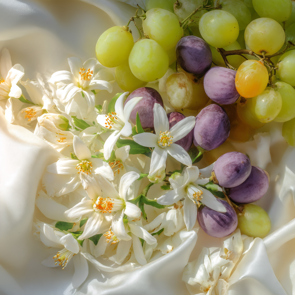 White orange blossoms with fresh green and purple grapes on soft ivory silk, representing Florantone T’s floral, fruity and musky aroma.