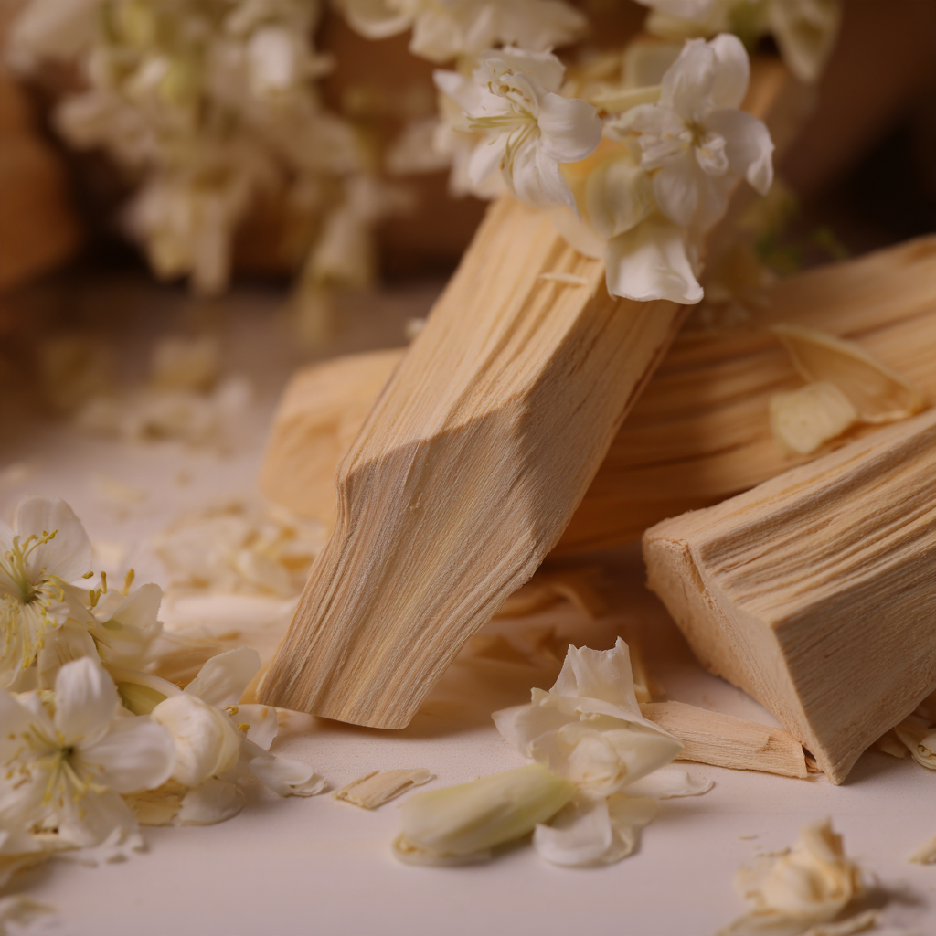 Creamy sandalwood pieces surrounded by delicate white blossoms, representing Hindinol’s soft, woody and floral fragrance.