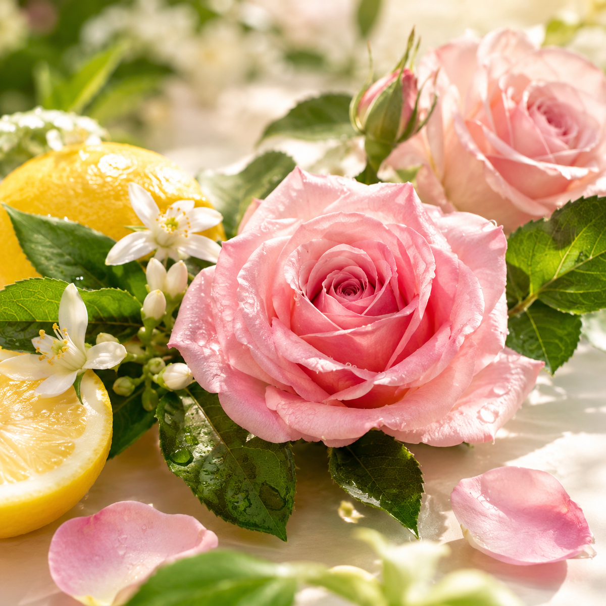Fresh pink roses, white citrus blossoms and juicy lemons with green leaves, representing L-Citronellol’s soft rosy floral and citrus aroma.
