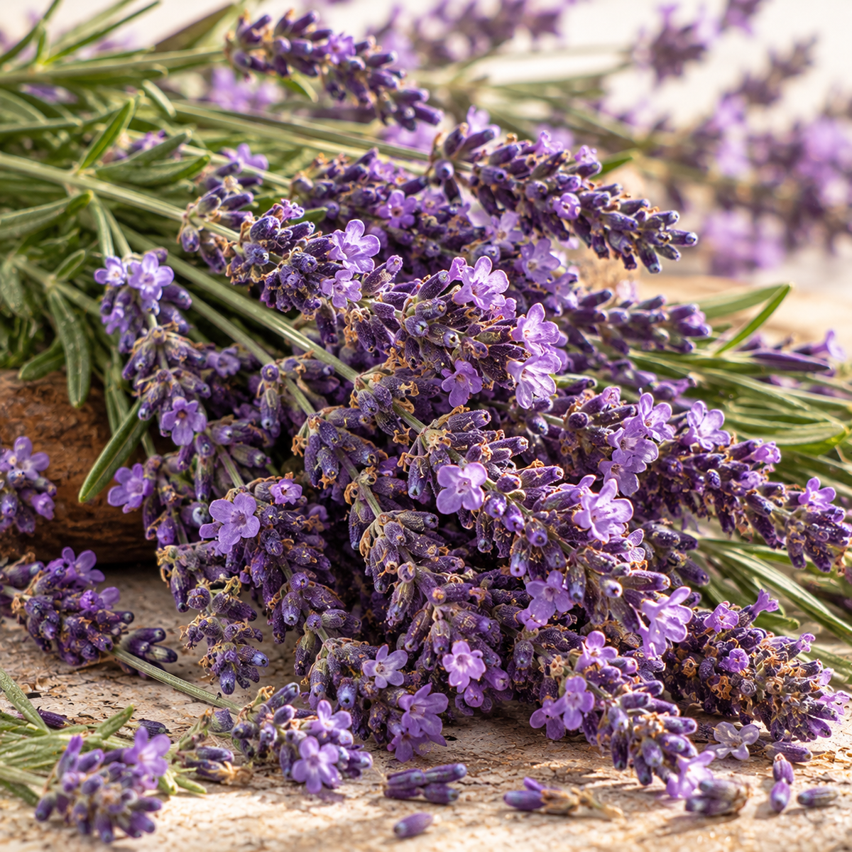 Hyper-realistic close-up of fresh purple lavender flowers and delicate buds with aromatic green stems, showcasing the natural floral beauty of Lavender Flower CO₂ Extract.