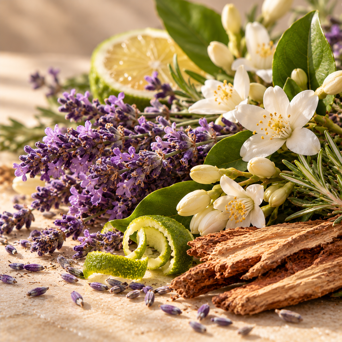 Hyper-realistic close-up of fresh purple lavender blossoms, delicate white flowers, bright citrus peel, aromatic green herbs and natural woody textures, illustrating the fresh floral, lavender-like, citrus, soft woody and herbal nuances of Linalool Laevo Natural by Aromology.