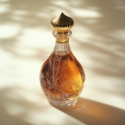 Ornate Samarkand-inspired luxury perfume bottle filled with amber fragrance and finished with an elegant gold cap.