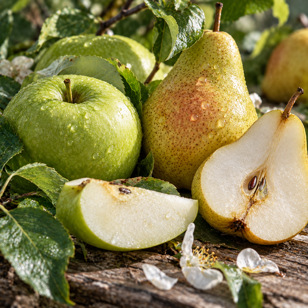 Fresh green apple and ripe juicy pear with glistening fruit flesh and crisp green leaves, evoking the bright, succulent, sweet and refreshing fruity character of Pomarina by IFF.