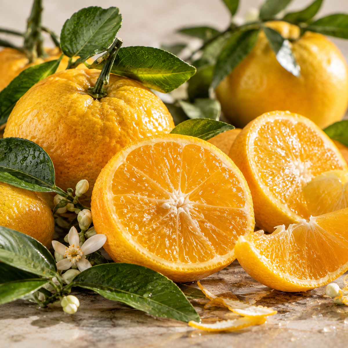 Fresh ripe yellow mandarins with glossy citrus peel and green leaves, representing Yellow Mandarin Essential Oil from Italy with a sweet, juicy and vibrant citrus aroma.